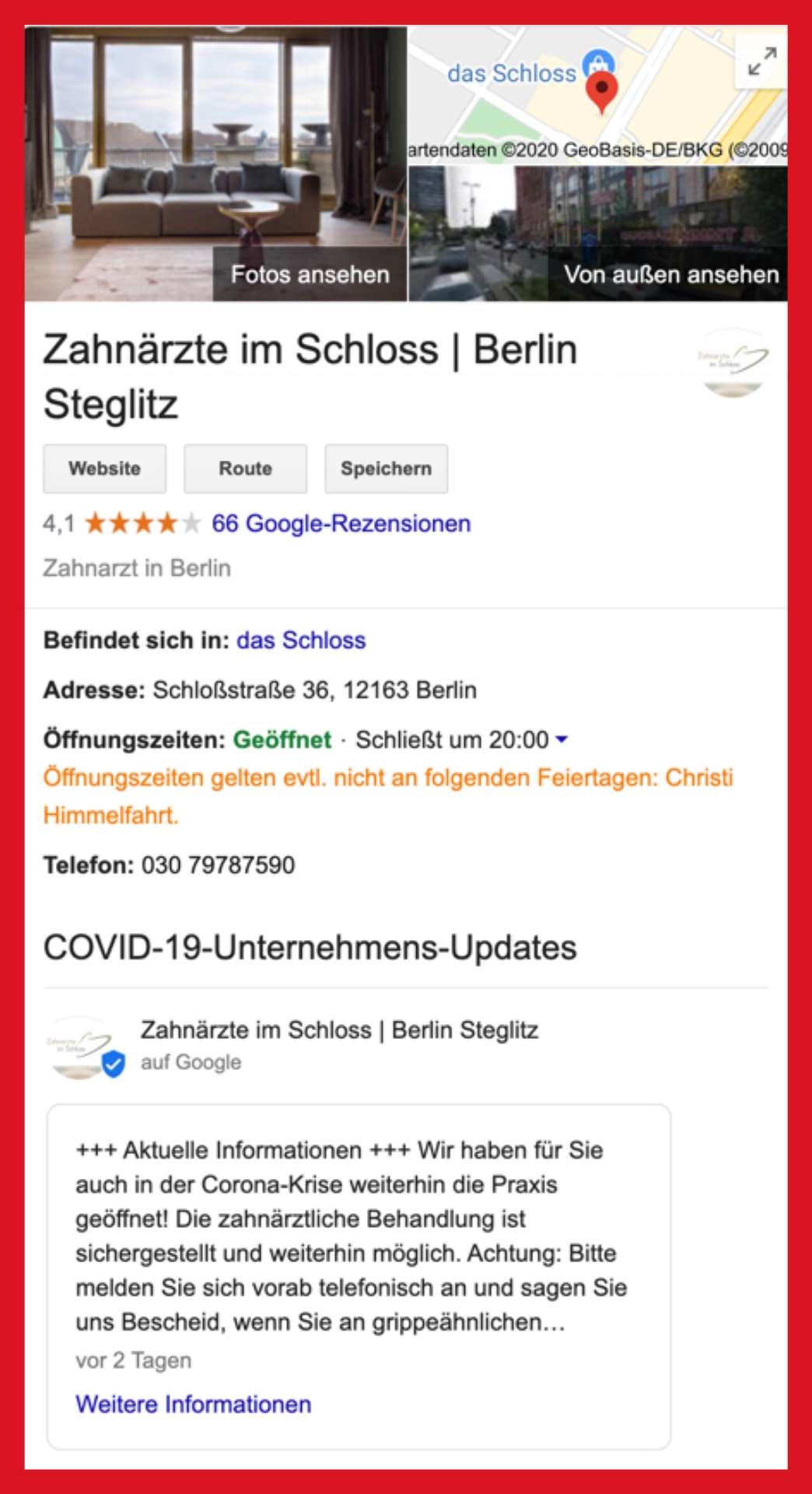 Google my Business Profil der Zahnärzte im Einkaufszentrum Schloss Berlin-Steglitz