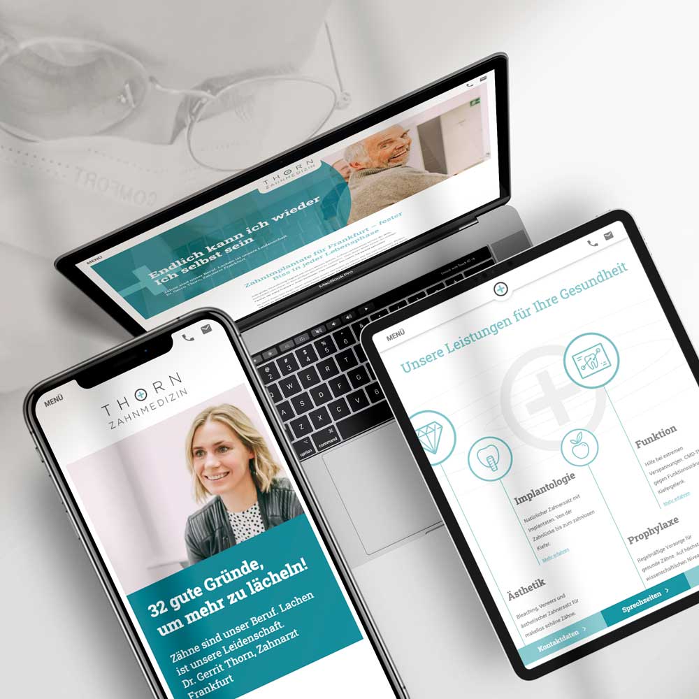 Website / Internetseite der Zahnarztpraxis Dr. Gerrit Thorn. Praxismarketing für Franklfurt.
